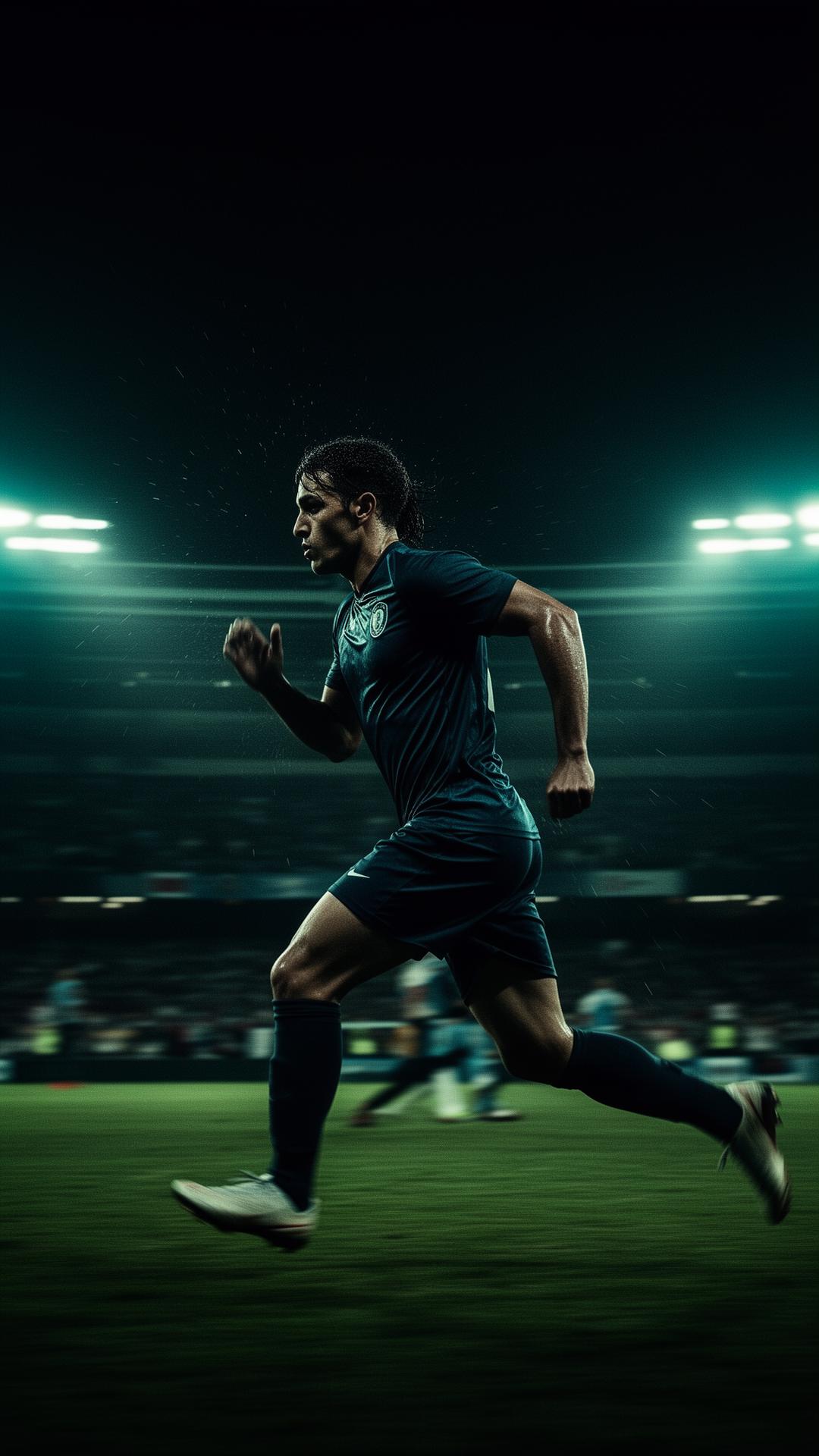 Football player sprinting under stadium lights